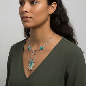 Silver & Glass Handcrafted Reversible Dama Bezel Pendant & Turquoise Skull Chain